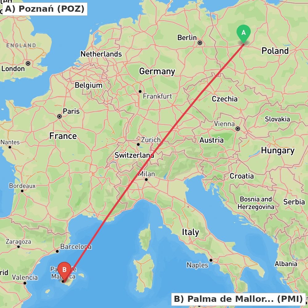 Flight route map from Poznań to Palma de Mallorca