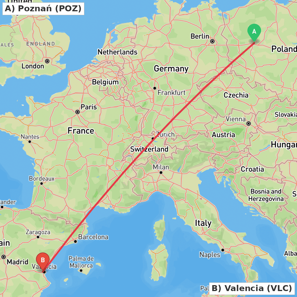 Flight route map from Poznań to Valencia