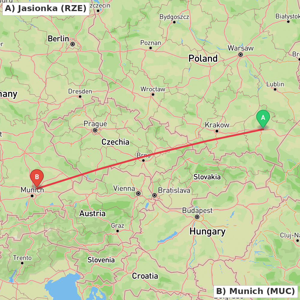 Flight route map from Jasionka to Munich