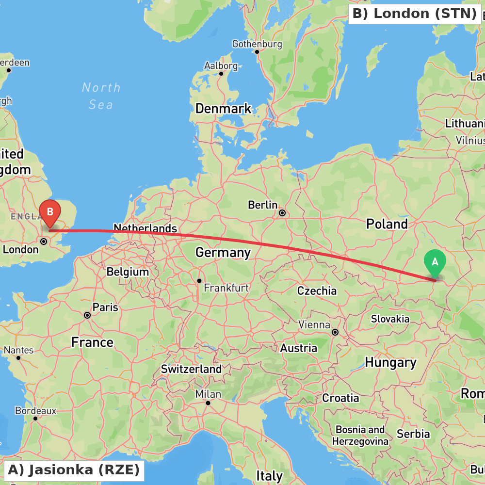 Flight route map from Jasionka to London