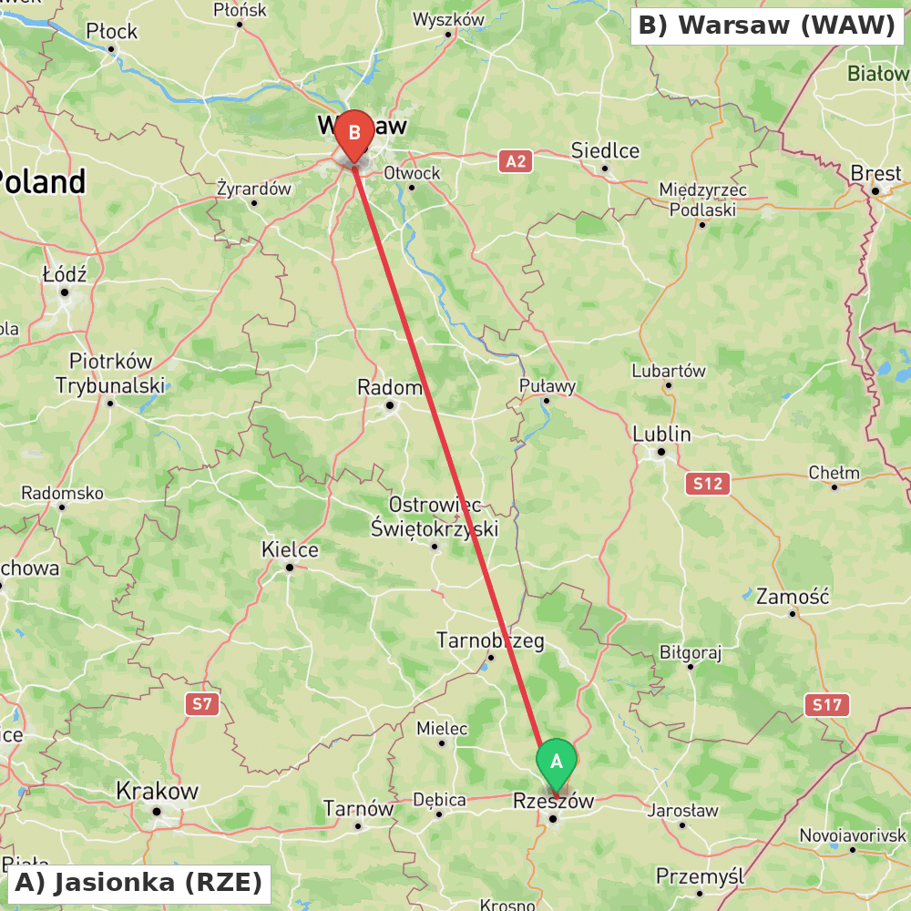 Flight route map from Jasionka to Warsaw
