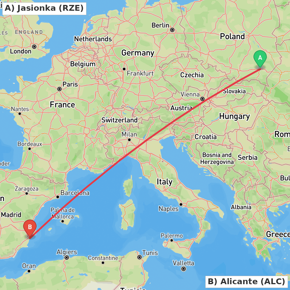 Flight route map from Jasionka to Alicante