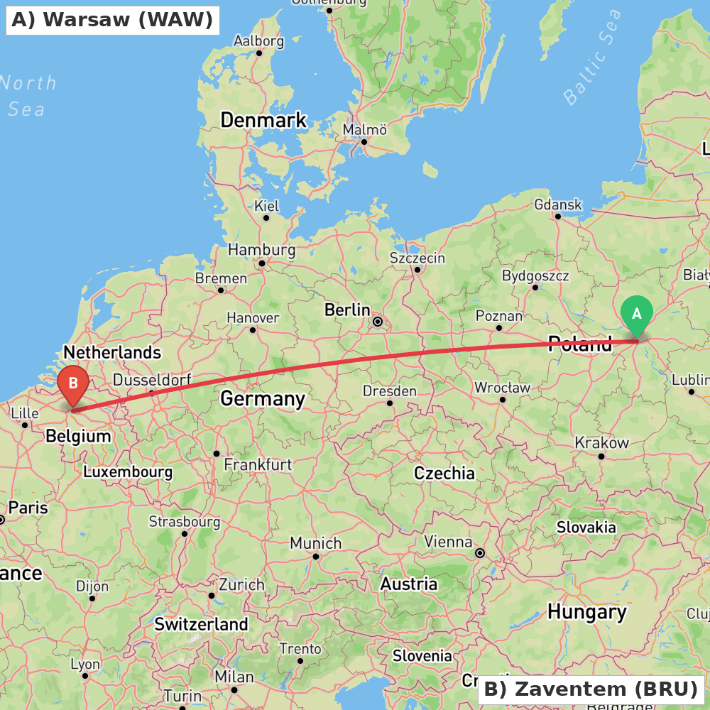 Flight route map from Warsaw to Zaventem