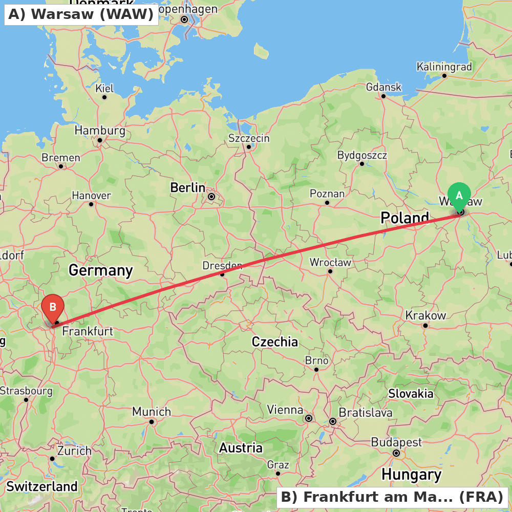 Flight route map from Warsaw to Frankfurt am Main