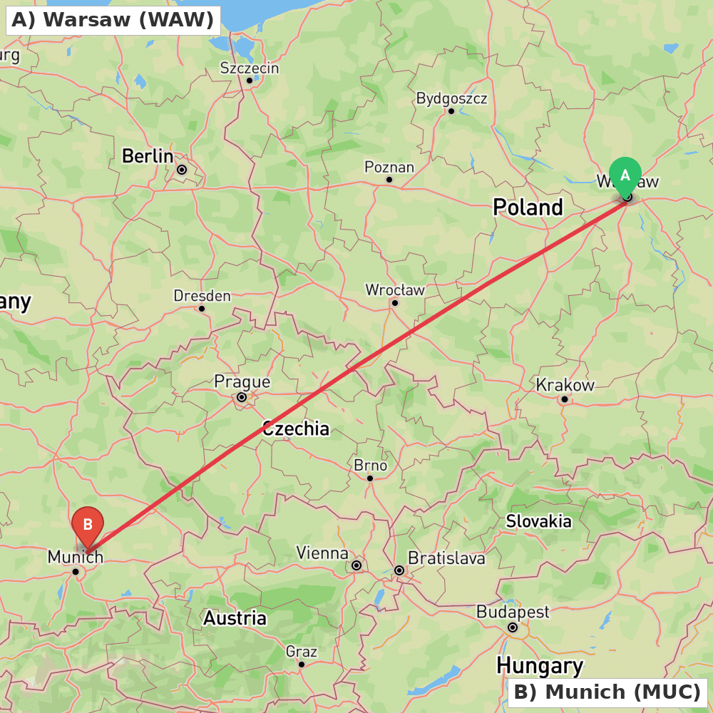 Flight route map from Warsaw to Munich