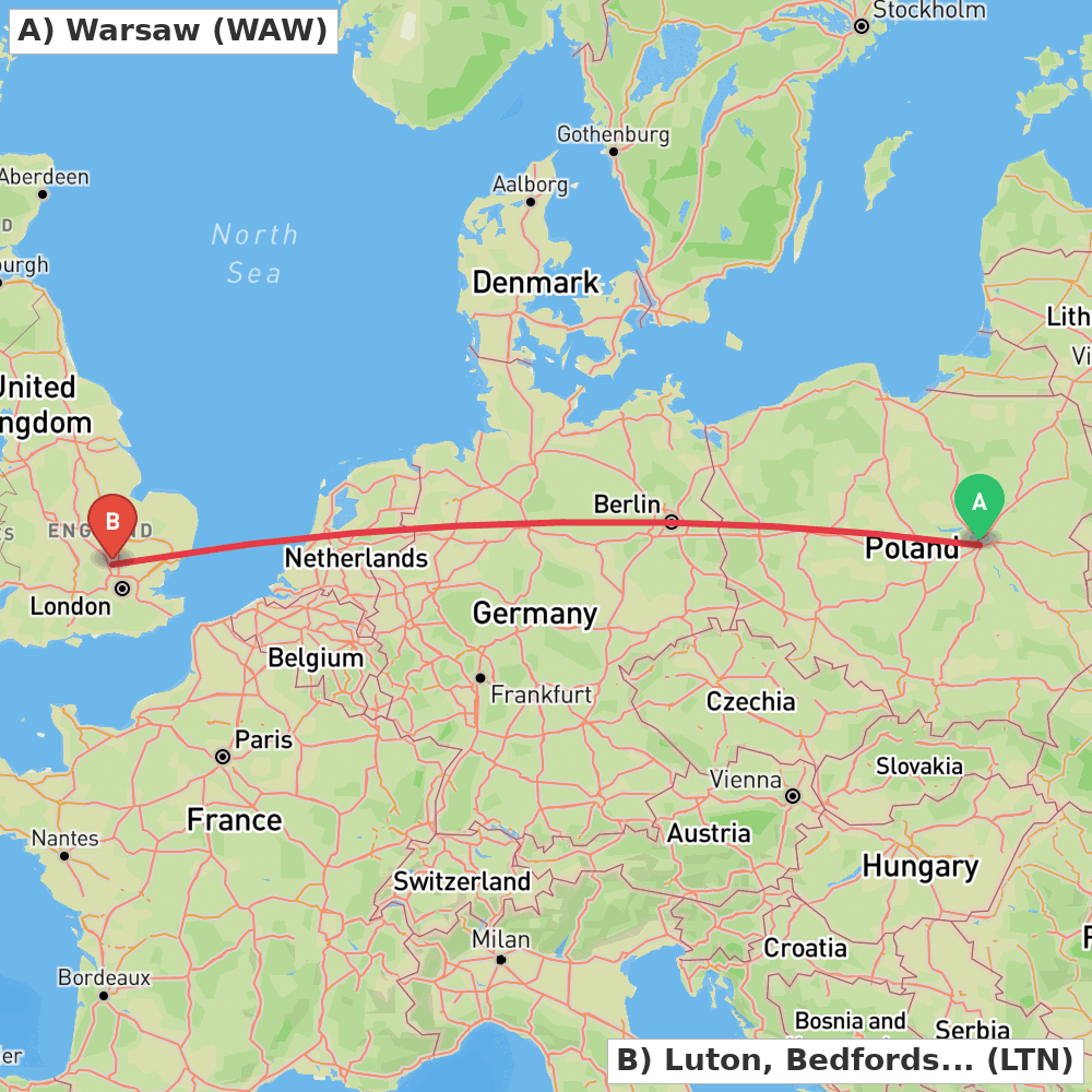 Flight route map from Warsaw to Luton, Bedfordshire