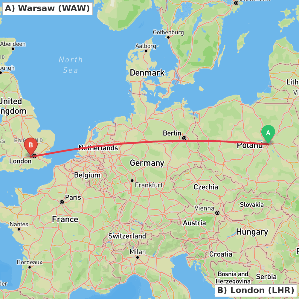 Flight route map from Warsaw to London