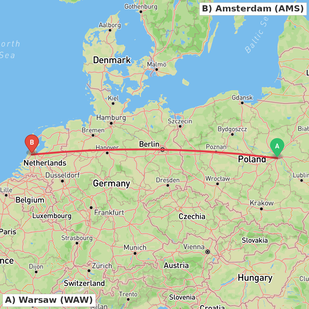 Flight route map from Warsaw to Amsterdam