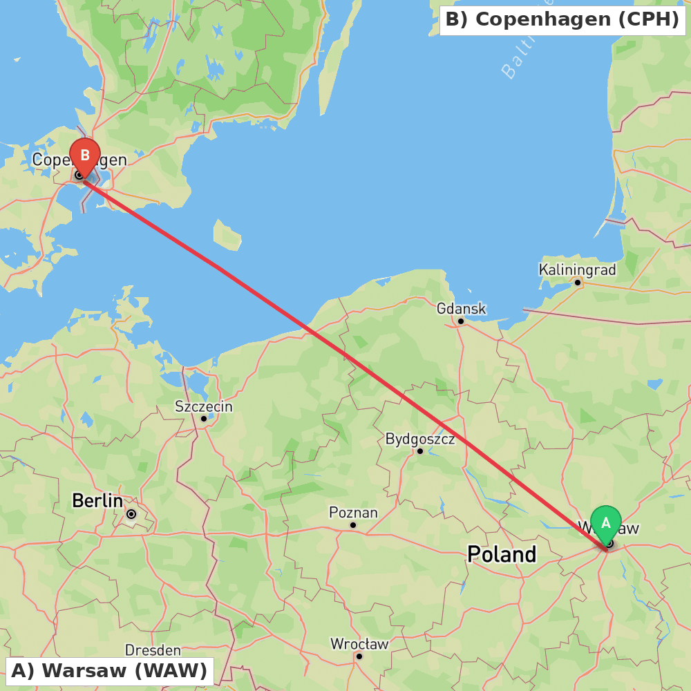 Flight route map from Warsaw to Copenhagen