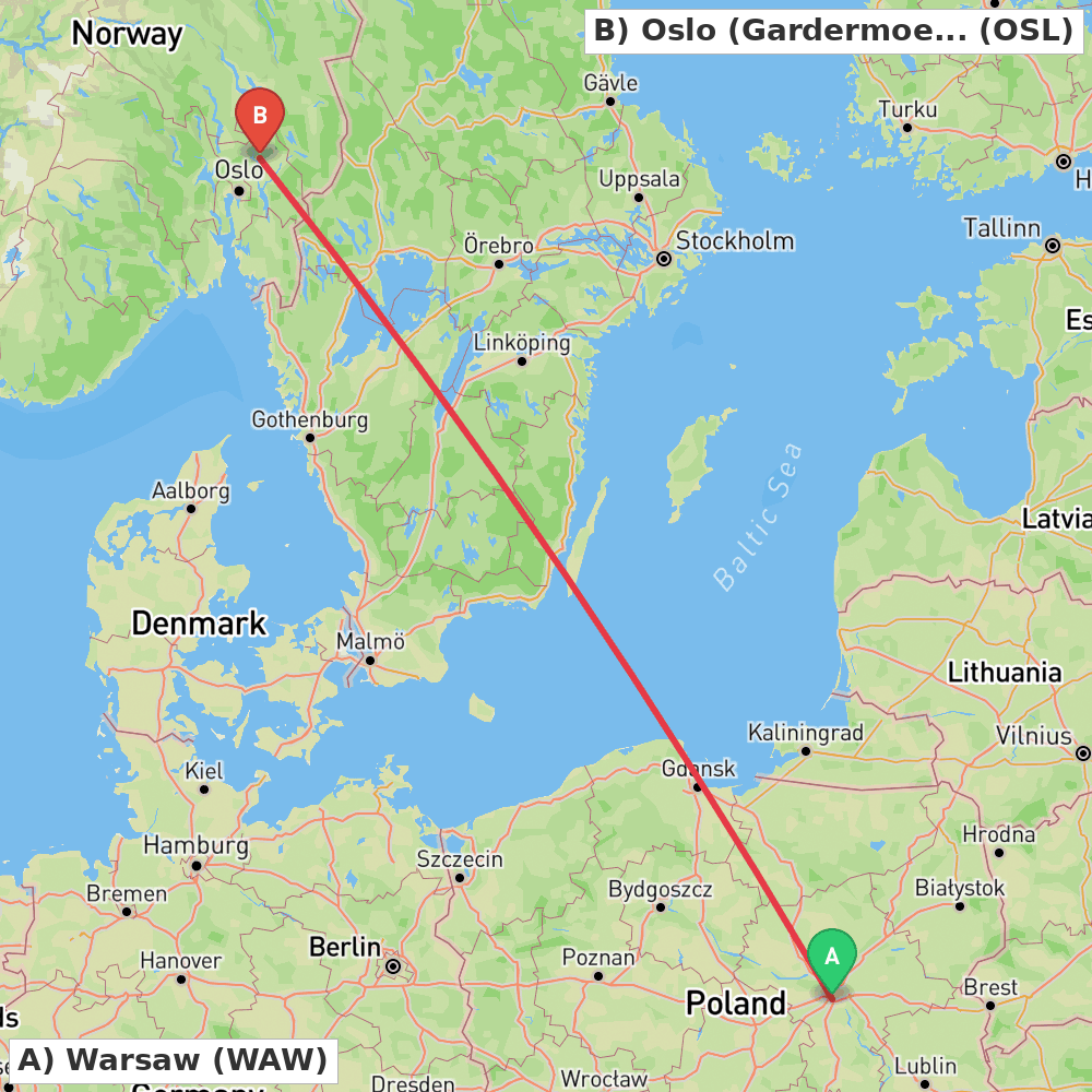 Flight route map from Warsaw to Oslo (Gardermoen)