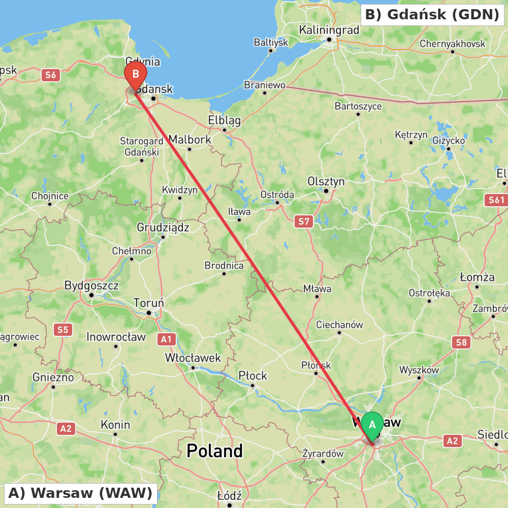 Flight route map from Warsaw to Gdańsk