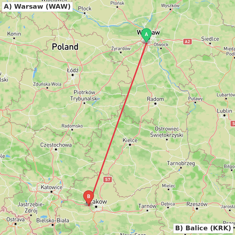Flight route map from Warsaw to Balice