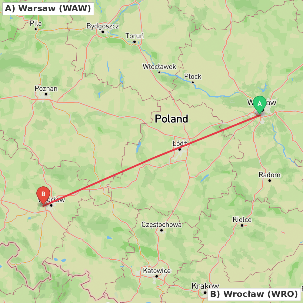 Flight route map from Warsaw to Wrocław