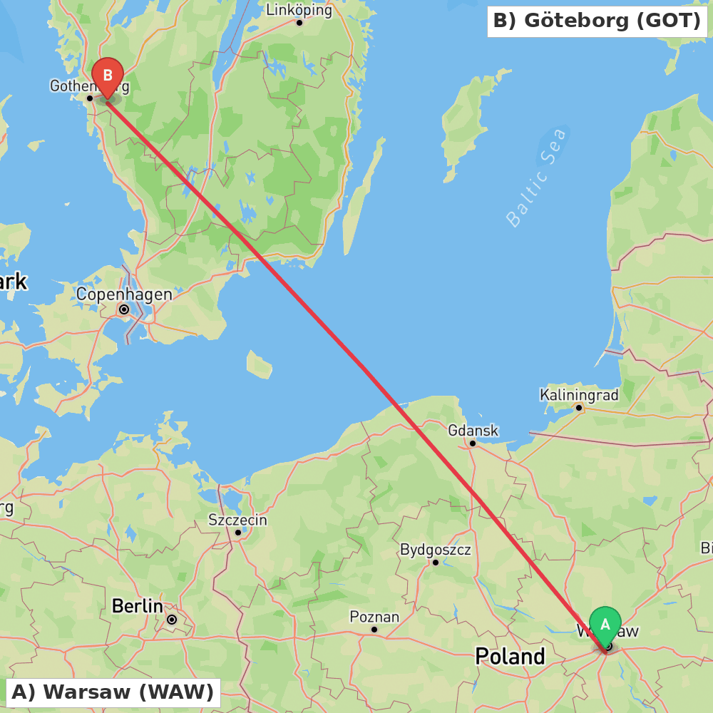 Flight route map from Warsaw to Göteborg