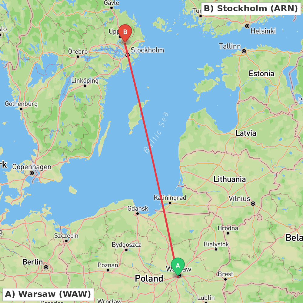 Flight route map from Warsaw to Stockholm