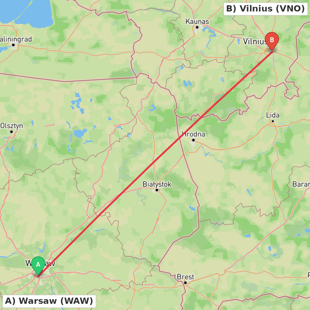 Flight route map from Warsaw to Vilnius