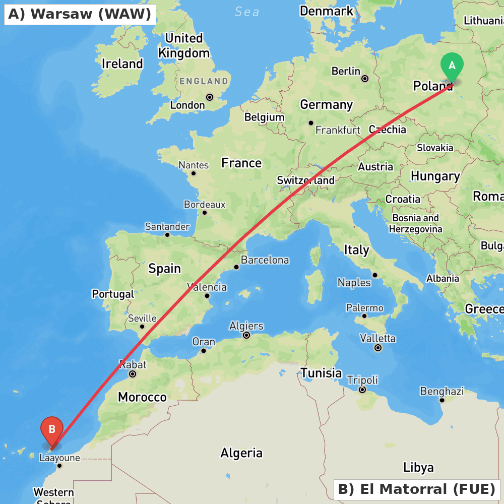 Flight route map from Warsaw to El Matorral