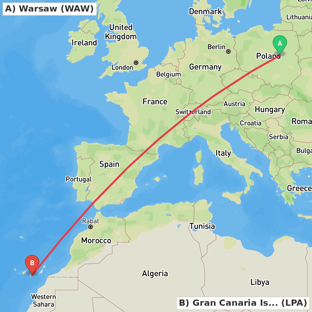 Flight route map from Warsaw to Gran Canaria Island