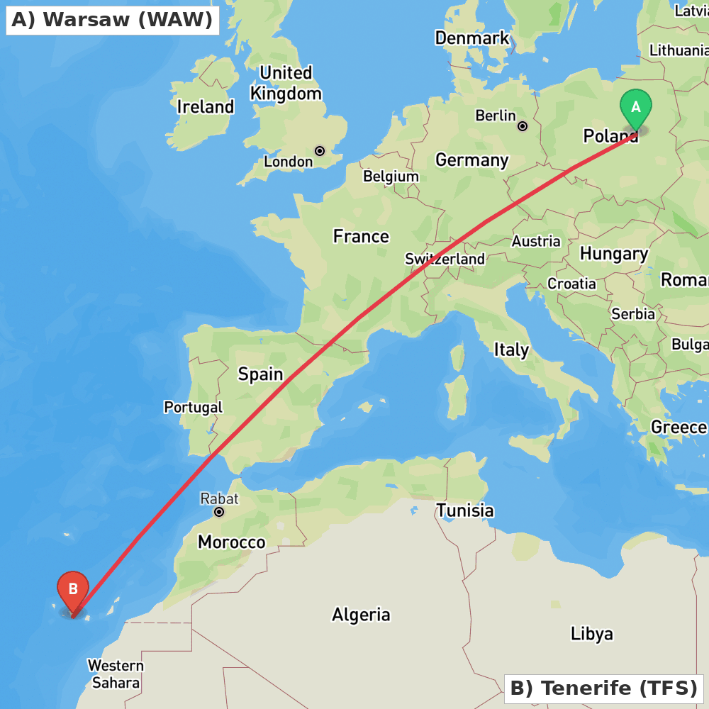 Flight route map from Warsaw to Tenerife