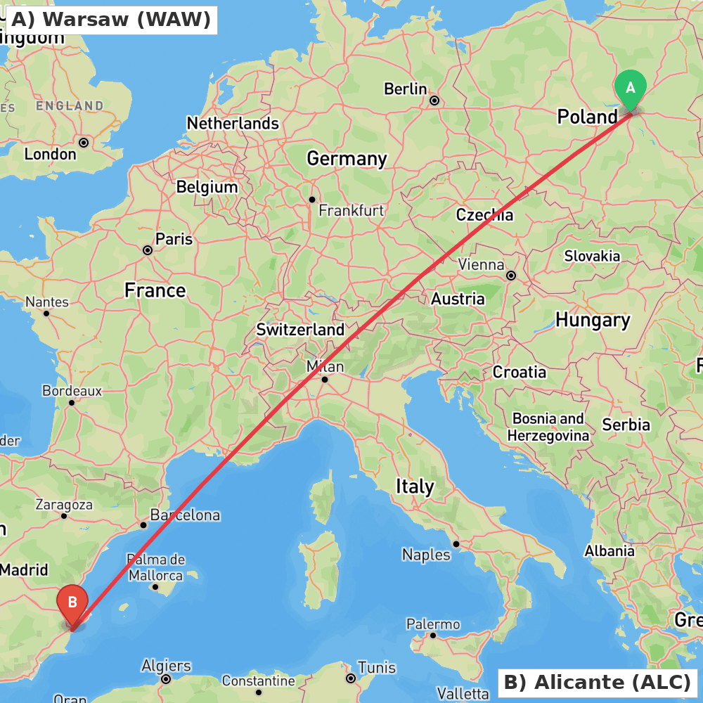 Flight route map from Warsaw to Alicante