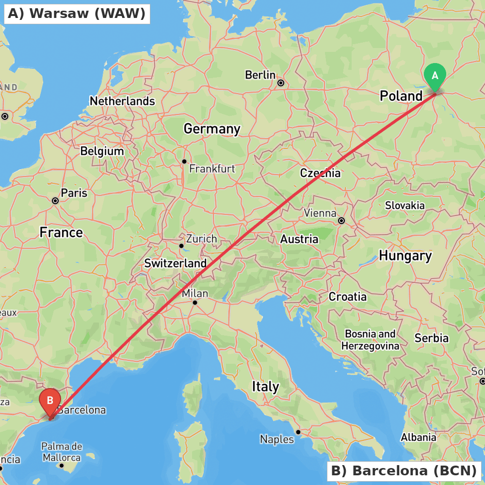 Flight route map from Warsaw to Barcelona