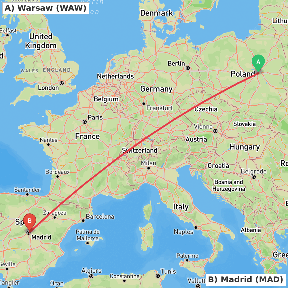 Flight route map from Warsaw to Madrid
