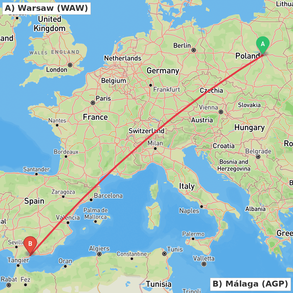 Flight route map from Warsaw to Málaga