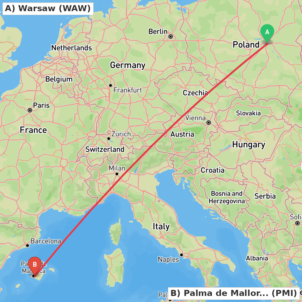 Flight route map from Warsaw to Palma de Mallorca