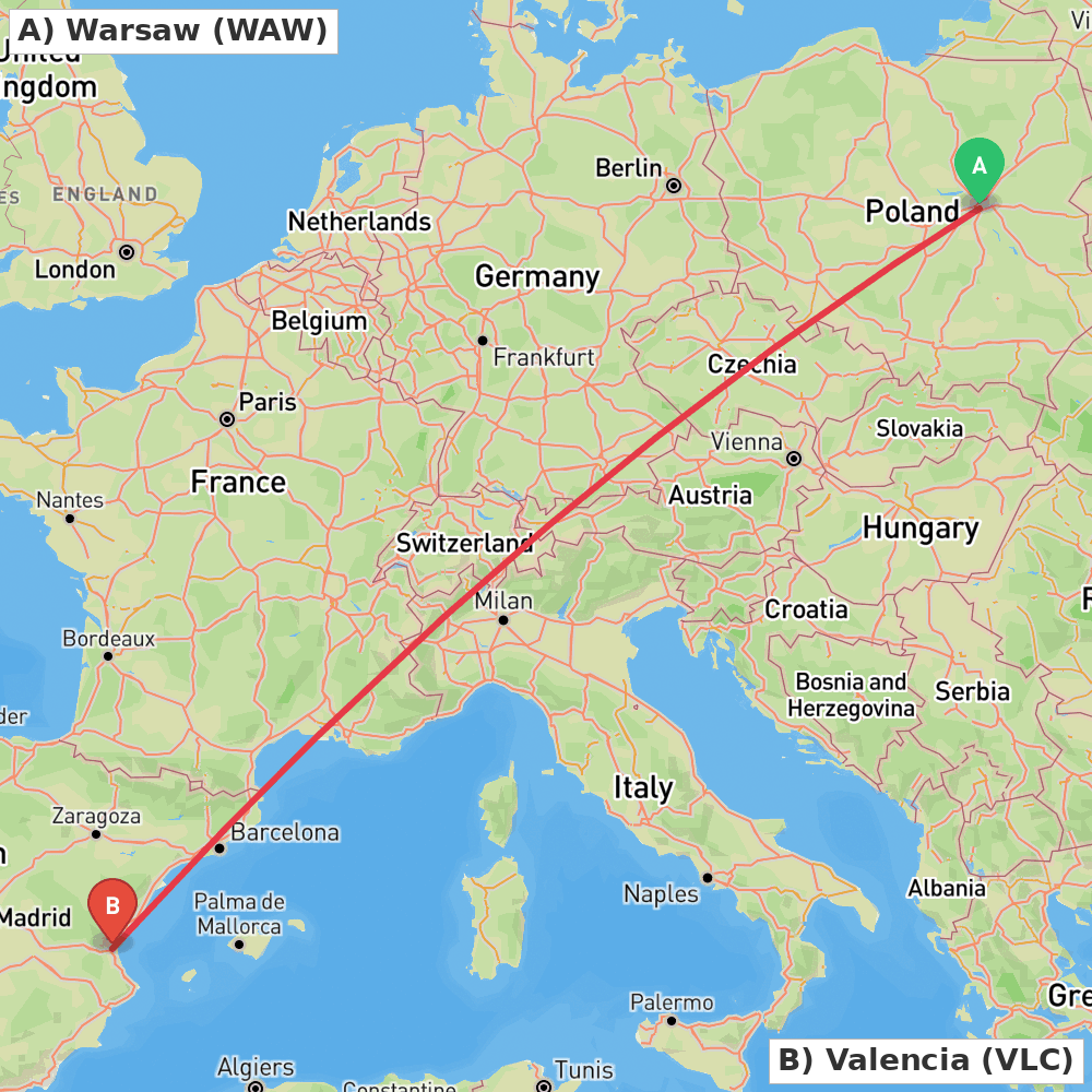 Flight route map from Warsaw to Valencia