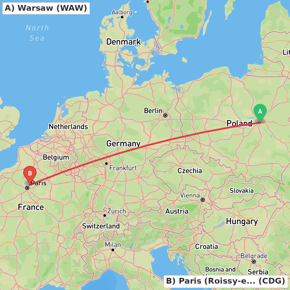 Flight route map from Warsaw to Paris (Roissy-en-France, Val-d'Oise)