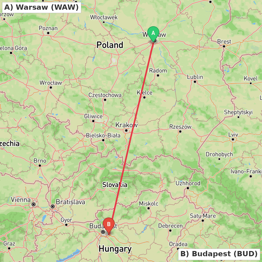 Flight route map from Warsaw to Budapest