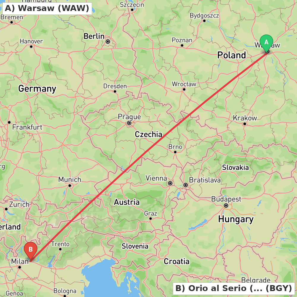 Flight route map from Warsaw to Orio al Serio (BG)
