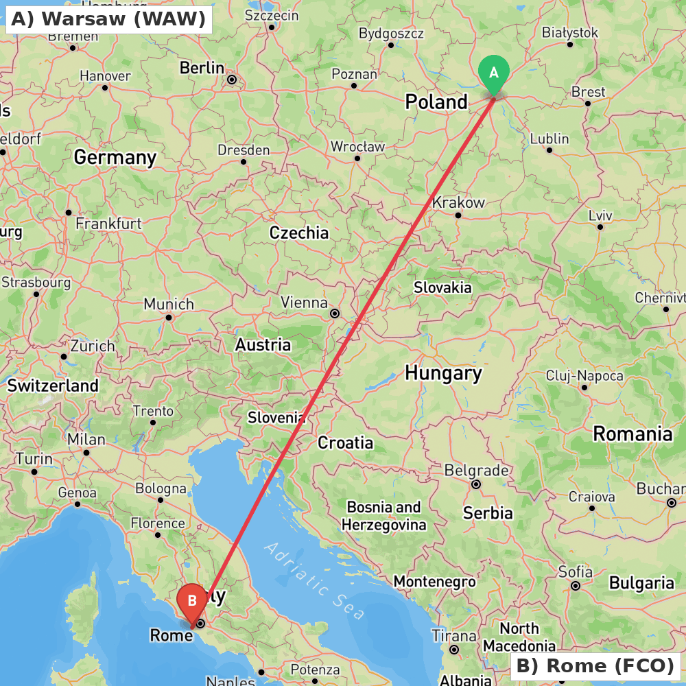 Flight route map from Warsaw to Rome