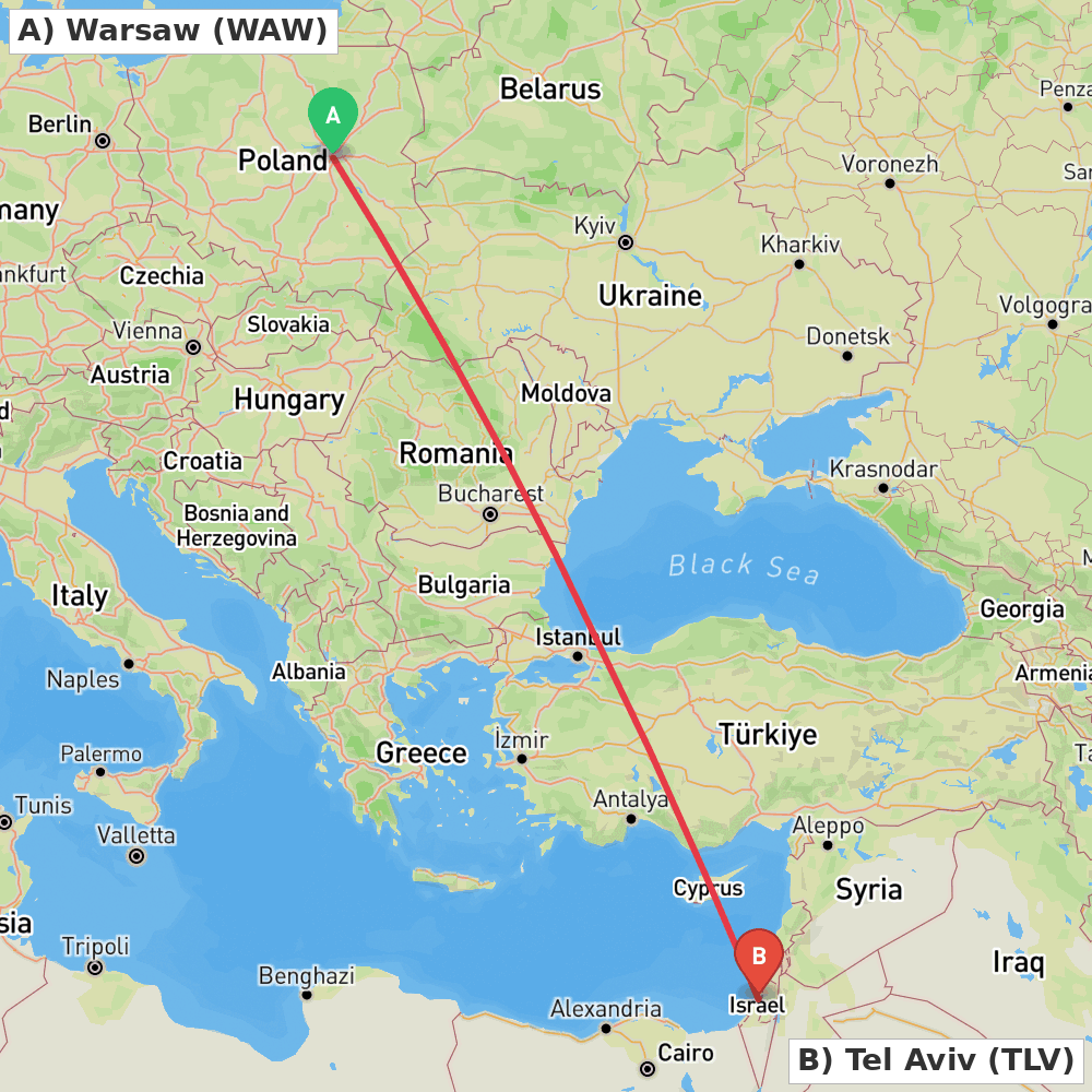 Flight route map from Warsaw to Tel Aviv