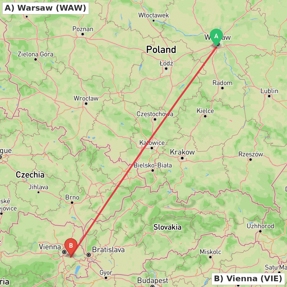 Flight route map from Warsaw to Vienna