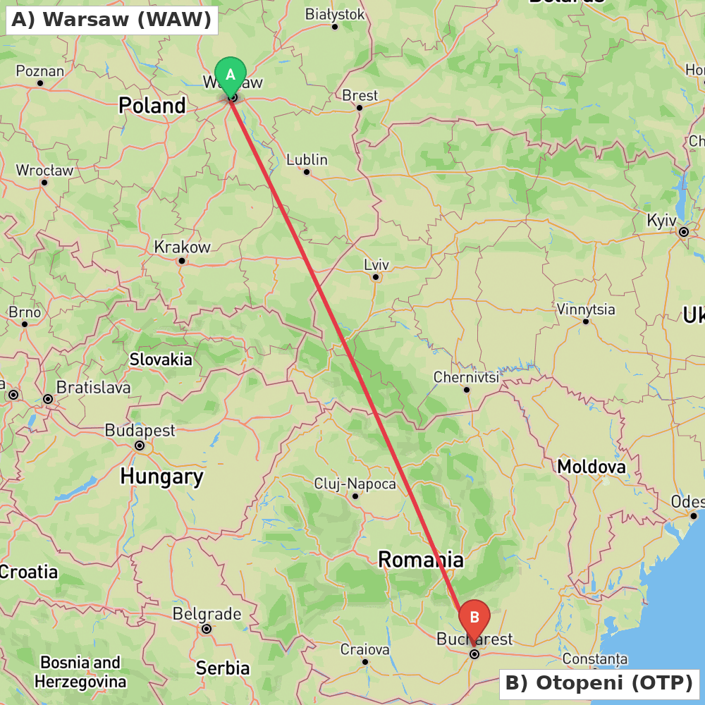 Flight route map from Warsaw to Otopeni