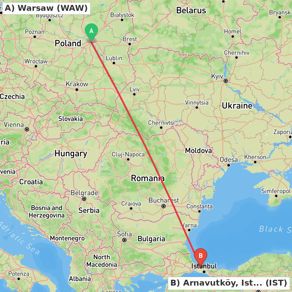 Flight route map from Warsaw to Arnavutköy, Istanbul