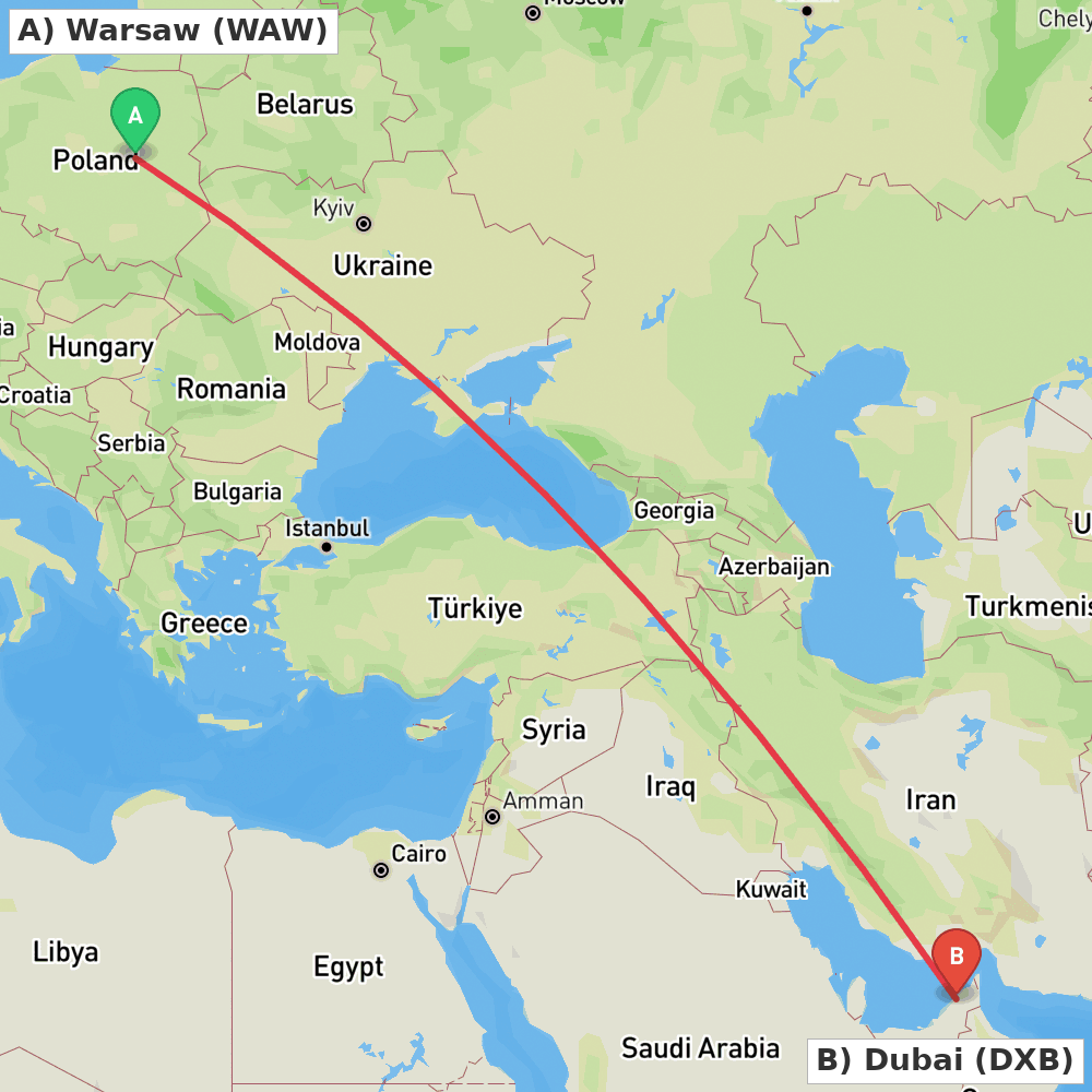 Flight route map from Warsaw to Dubai