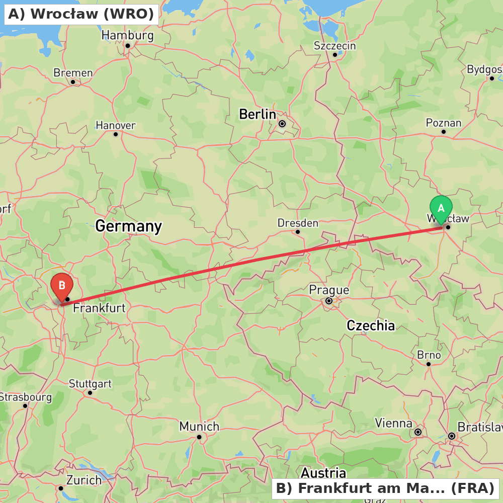 Flight route map from Wrocław to Frankfurt am Main