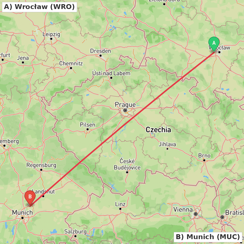 Flight route map from Wrocław to Munich