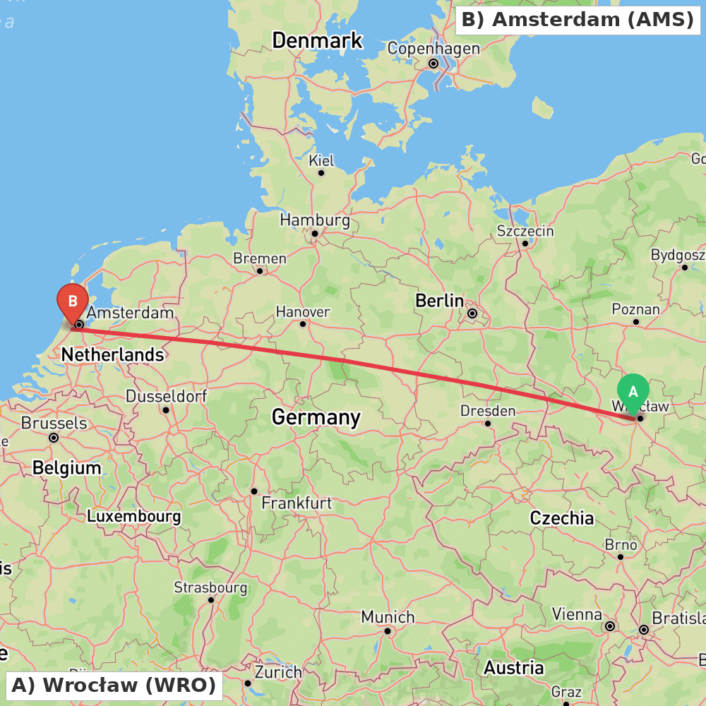 Flight route map from Wrocław to Amsterdam