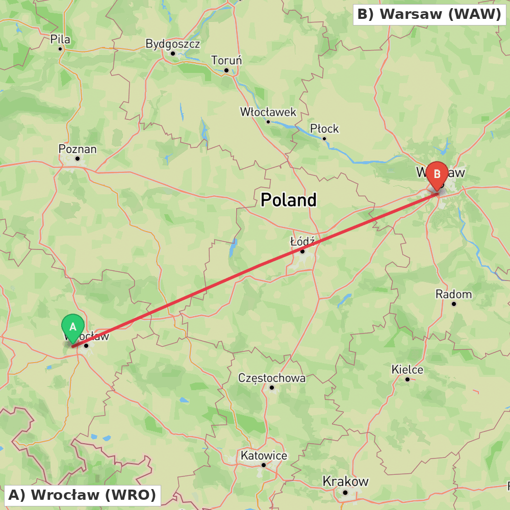 Flight route map from Wrocław to Warsaw