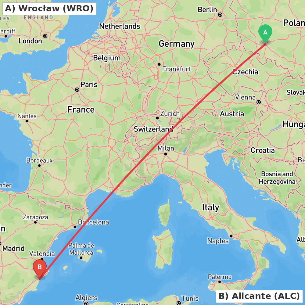 Flight route map from Wrocław to Alicante