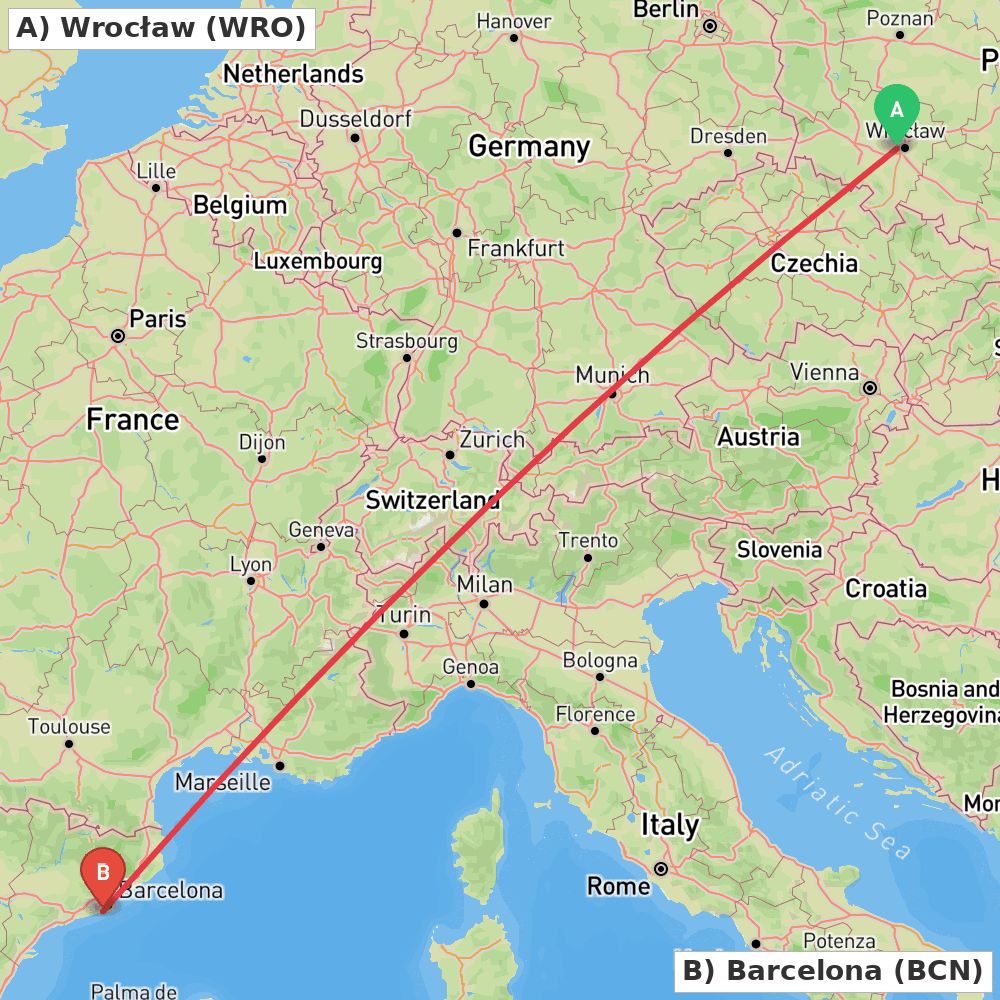 Flight route map from Wrocław to Barcelona