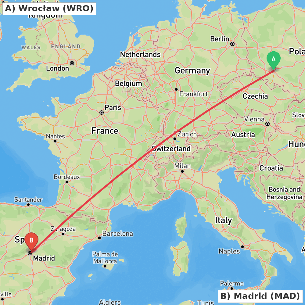 Flight route map from Wrocław to Madrid