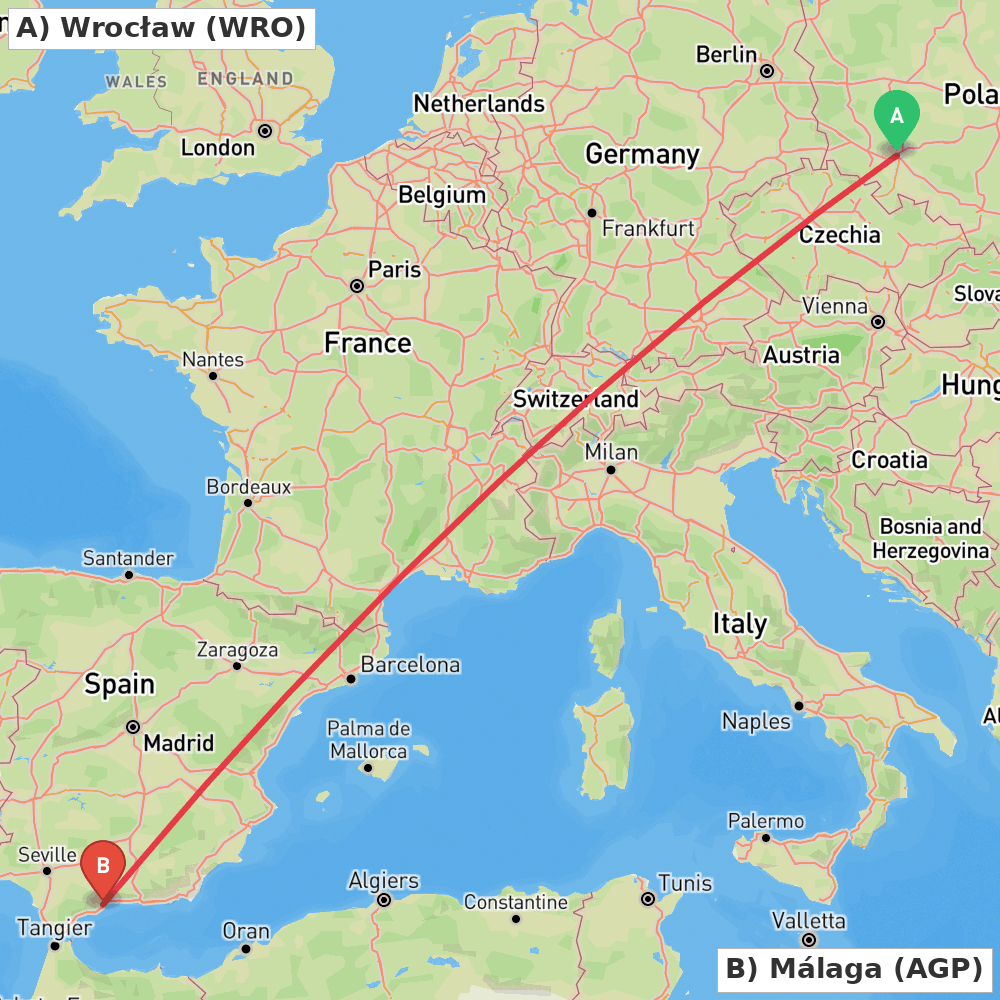 Flight route map from Wrocław to Málaga