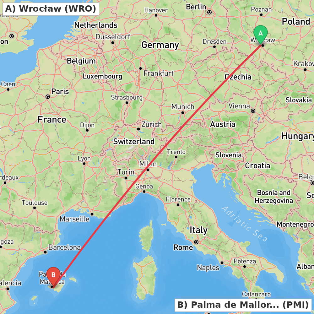 Flight route map from Wrocław to Palma de Mallorca