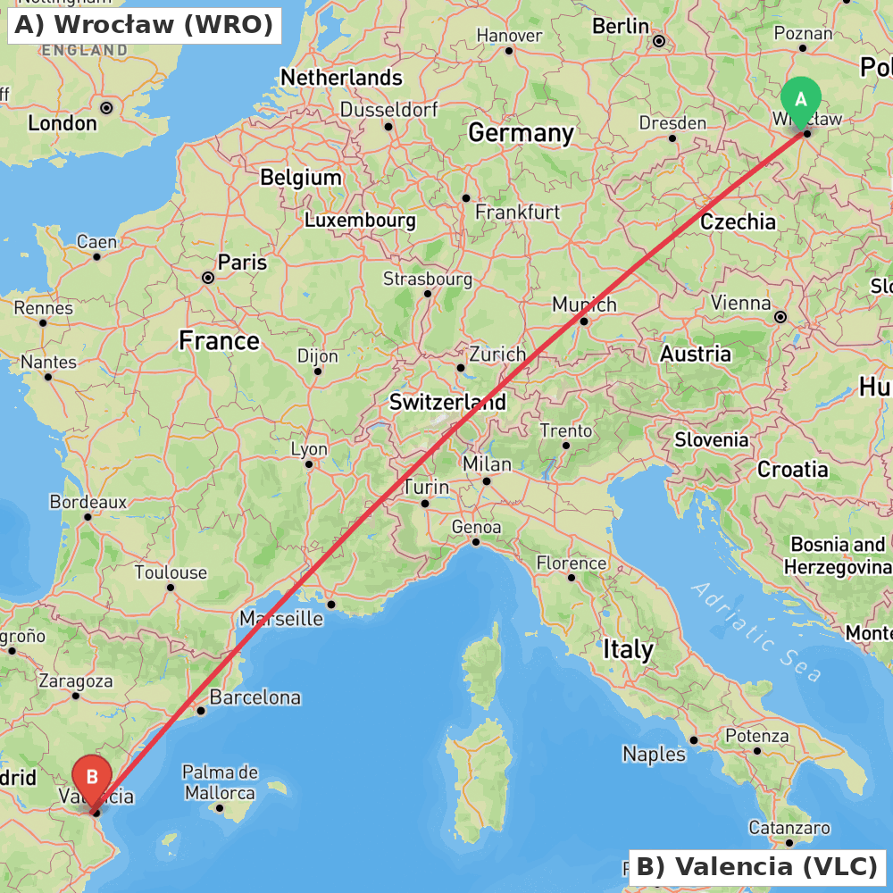 Flight route map from Wrocław to Valencia
