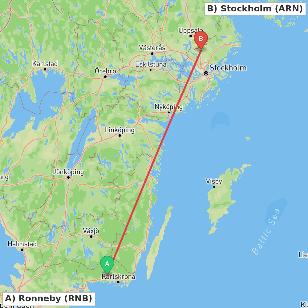 Flight route map from Ronneby to Stockholm