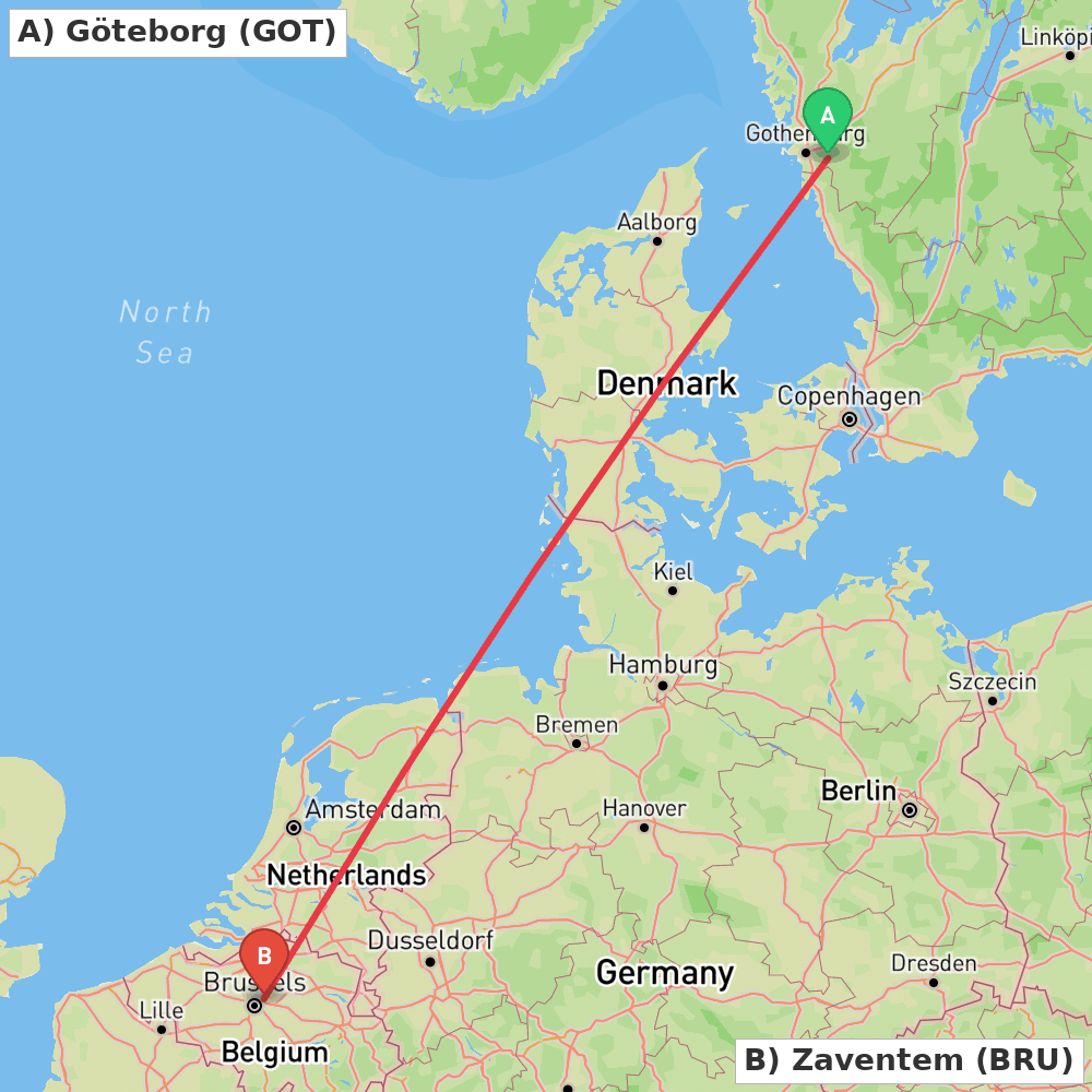 Flight route map from Göteborg to Zaventem